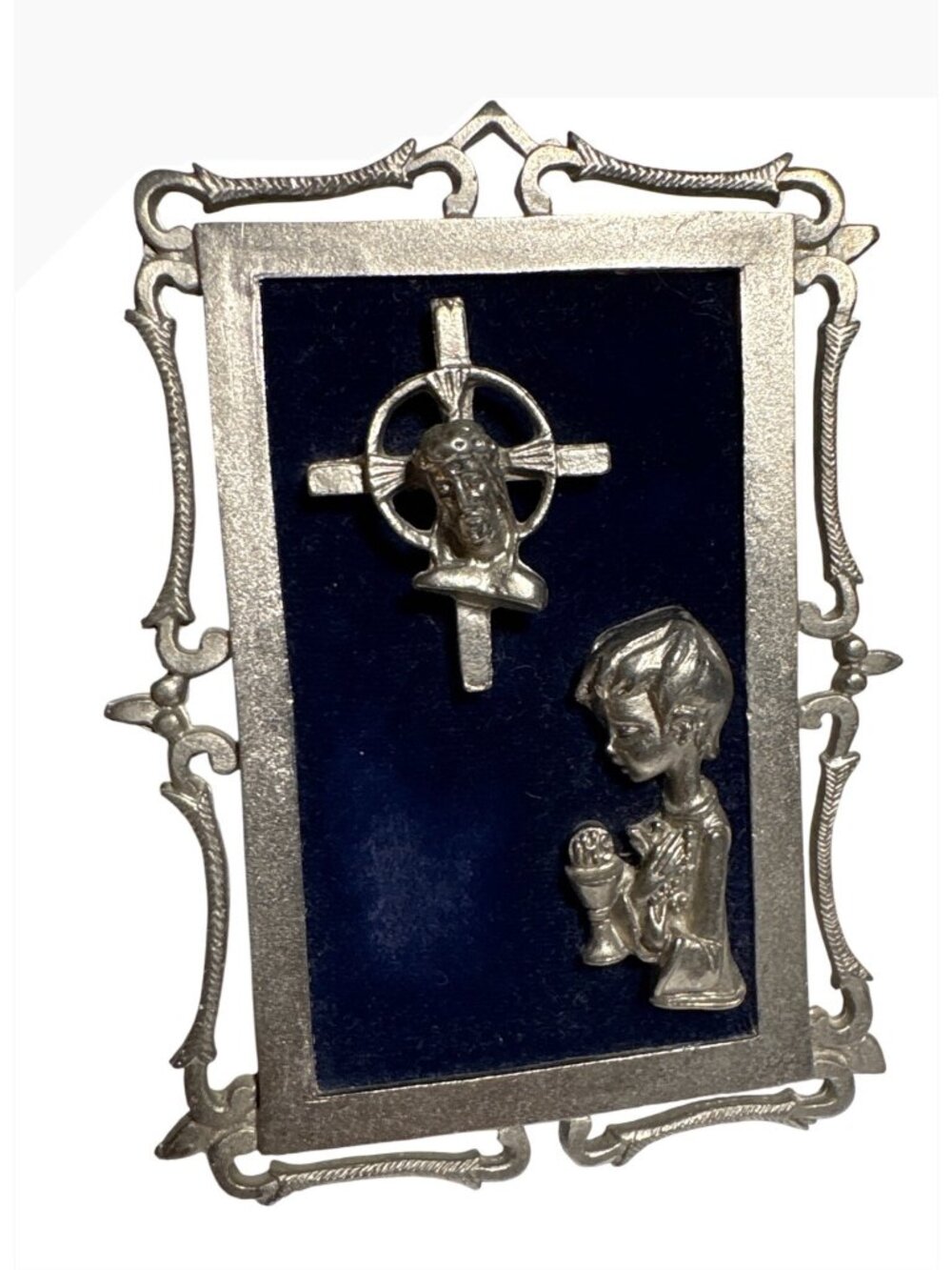 Peltro Pewter Religious Frame Boy Praying Christ On Cross Italy Velvet Communion